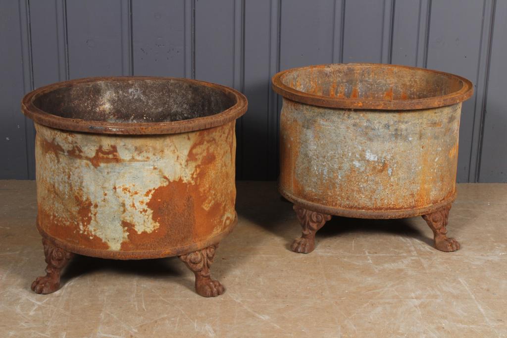 Upcycled Steel Vat & Cast Iron Paw Foot Planters: Continental Upcycled Steel Vat & Cast Iron Paw Foot Planters. Brilliant. Size: 19.5" H x 25" W x 25" D.