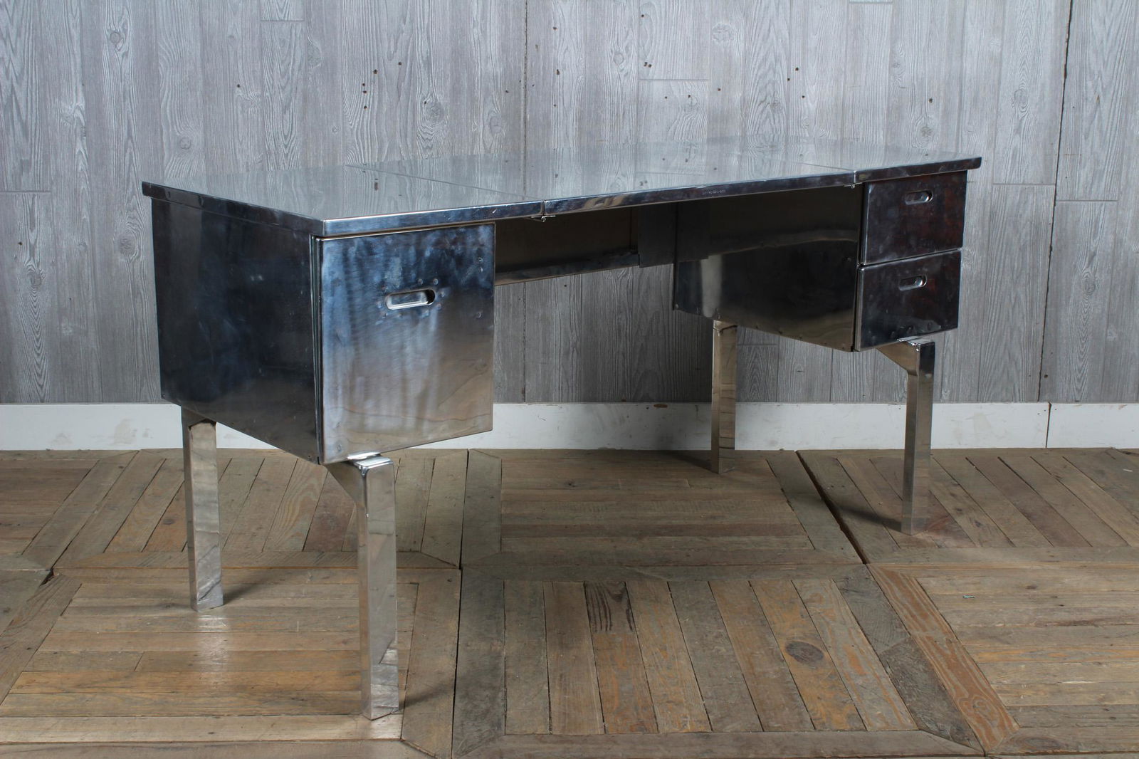 Rare Mid Century Campaign or Military Folding Desk: Rare Mid Century Campaign or Military Folding Desk. metal. Traditionally painted, this example has been polished. Size: 29.5" H x 59" W x 22" D