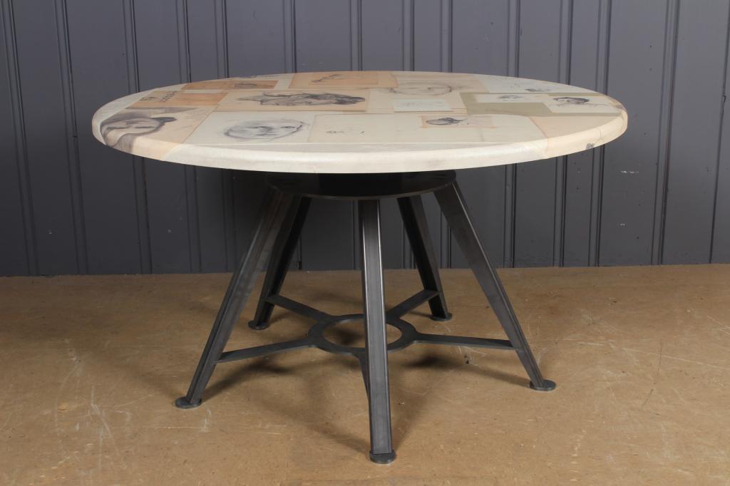 Bespoke Academic Sketches Theme Industrial Table: Bespoke Academic Sketches Theme Industrial Style Table. Printed fabric clad round top over steel trestle form legs. Perfect for cafe fitouts or for use as display tables. A unique opportunity to purch