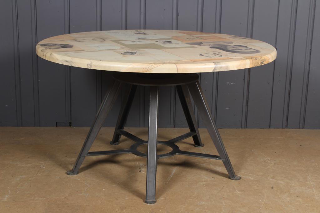 Bespoke Academic Sketches Theme Industrial Style: Bespoke Academic Sketches Theme Industrial Style Table. Printed fabric clad round top over steel trestle form legs. Perfect for cafe fitouts or for use as display tables. A unique opportunity to purch