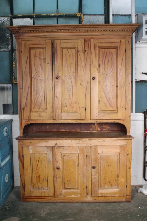 Antique Swedish Paint Decorated Cupboard: A very good 19th C. Swedish paint decorated step back cupboard having stepped cornice over paneled door top and base. Size: 93" H x 63" W x 19" D