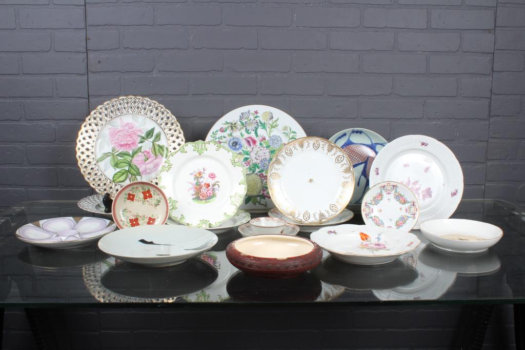Assorted Decorative Plates and Bowls: Assorted Decorative Plates and Bowls, includes Meissen floral decorated plate with crossed swords mark on bottom, hand painted oyster plate with six wells, pair of hand painted floral wall plates, bot