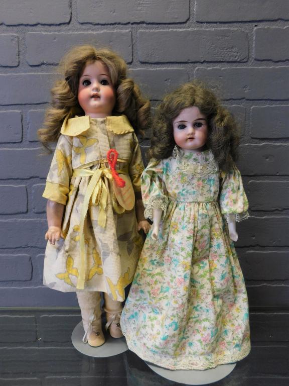 2 Bisque Shoulder Head Dolls: 2 Bisque Shoulder Head Dolls, includes a Heubach Koppelsdorf doll, kid body, composition lower arms, brown glass stationary eyes, painted upper and lower lashes, eyebrows, open mouth with upper teeth,
