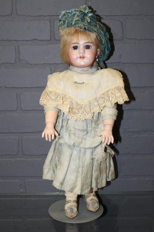 French Bebe Jumeau Bisque Socket Head Doll: French Bebe Jumeau Bisque Socket Head Doll, Simon & Halbig for Jumeau, composition jointed body, blue glass sleep eyes, applied upper lashes, painted lower lashes and eyebrows, open mouth with upper t