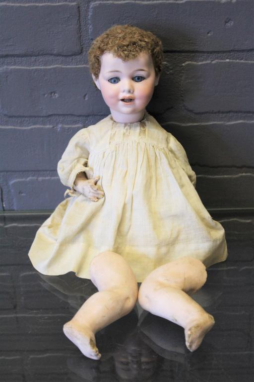 Rare Armand Marseille 410 Bisque Socket Head Doll: Rare Armand Marseille 410 Bisque Socket Head Doll, composition jointed bent limb body, blue glass sleep eyes, painted upper and lower lashes, eyebrows, open mouth with accented lips, two rows of teeth