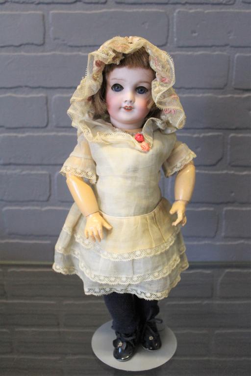 SFBJ Bebe Modele Jumeau 301 French Bisque Doll: SFBJ Bebe Modele Jumeau 301 French Bisque Doll, bisque socket head doll, composition jointed body, blue glass stationary eyes, applied upper lashes, painted lower lashes, eyebrows, open mouth with upp