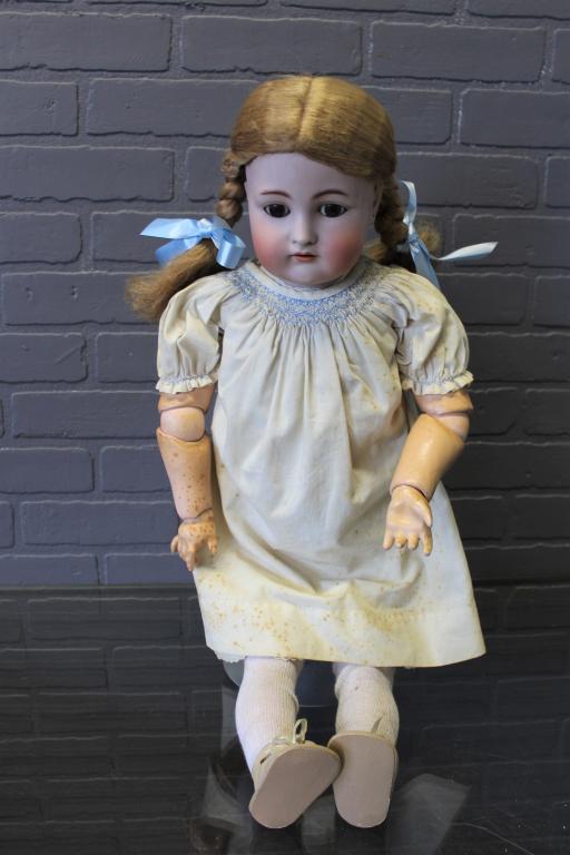 Kammer & Reinhardt Bisque Socket Head Doll: Kammer & Reinhardt Bisque Socket Head Doll, composition ball jointed body, brown glass sleep eyes, painted upper and lower lashes, one eyelid retains minimal applied lashes, painted eyebrows, open mou