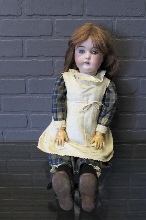 JD Kestner 171 Bisque Socket Head Doll: JD Kestner 171 Bisque Socket Head Doll, composition ball jointed body, blue glass sleep eyes, painted lower lashes, applied upper lashes, feather eyebrows, open mouth with upper teeth, accented lips, 