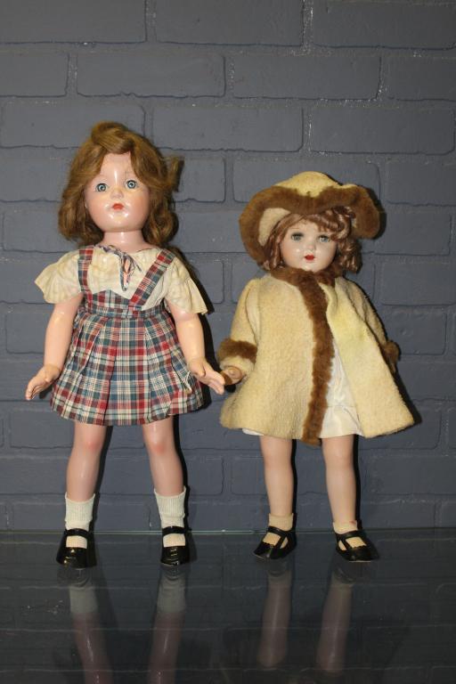 2 All Composition Jointed Dolls: 2 All Composition Jointed Dolls, includes Effanbee Anne Shirley doll, blue sleep eyes, applied upper lashes, painted lower lashes, eyebrows, closed mouth, marked on back Effanbee Anne Shirley, measure