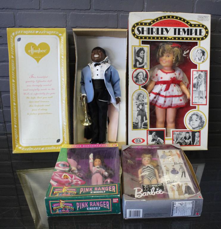 Assorted Dolls New in Original Boxes: Assorted Dolls New in Original Boxes, includes an Ideal Shirley Temple No. 1125, copyright 1973, Effanbee Louis Armstrong 7661, Mighty Morphin Power Rangers Pink Ranger Kimberly by Bandai, and a Barbi