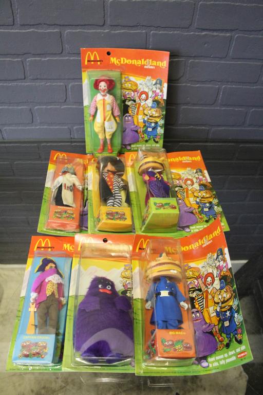 7 McDonaldland Characters Sealed in Packages: 7 McDonaldland Characters Sealed in Packages, by Remco Toys, ca. 1976, set includes Ronald McDonald, Grimace, Captain Crook, Big Mac, Mayor McCheese, Professor, and Hamburglar. Size: Largest: 11" H x