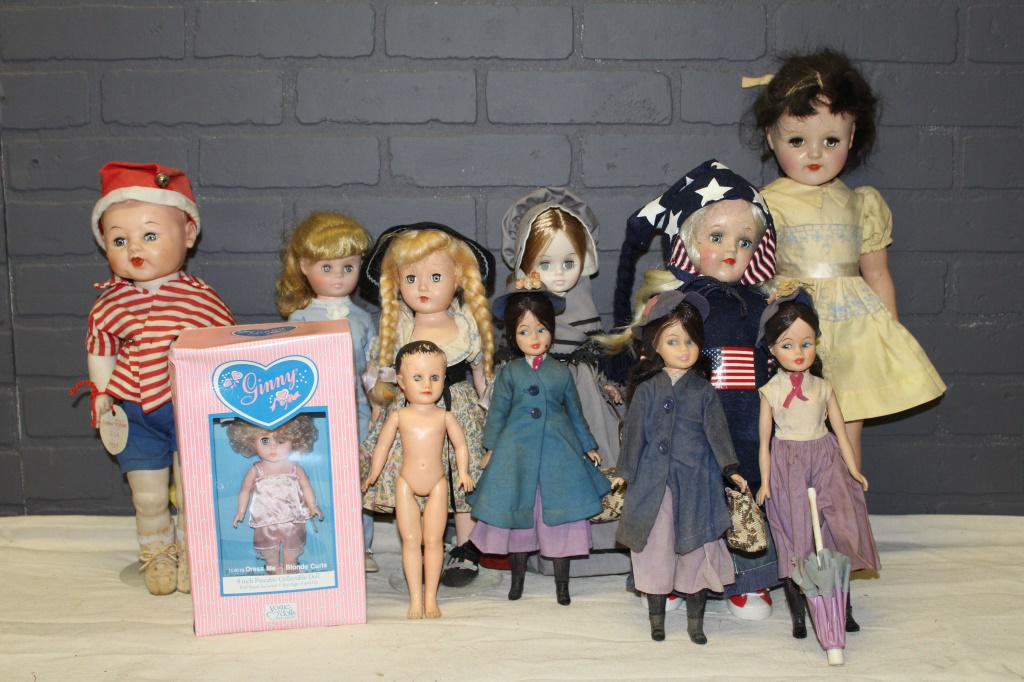 Assorted Hard Plastic and Vinyl Dolls: Assorted Hard Plastic and Vinyl Dolls, includes 2 Ideal Toni doll, brunette is marked on head and back Ideal P-93, and blonde is marked P-91 on back, Effanbee Frontier Woman with wrist tag, Effanbee d