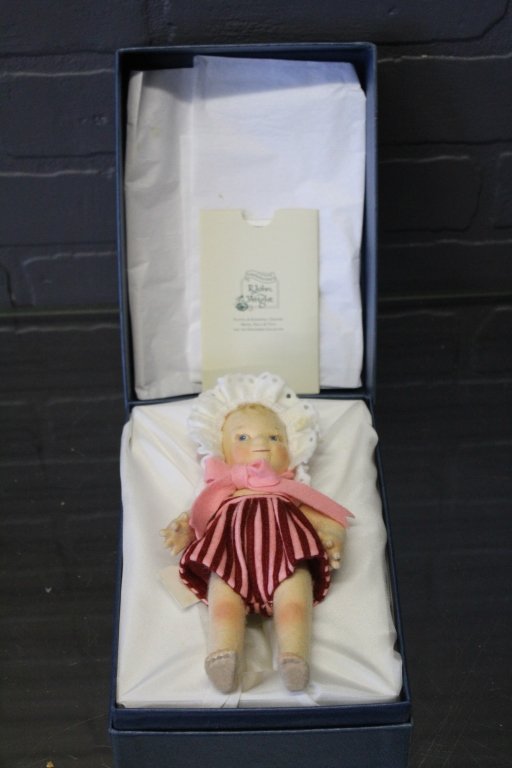 R. John Wright Peppermint Scootles in Original Box: R. John Wright Peppermint Scootles in Original Box, Kewpie Collection, Limited edition No. 109/300, with certificate of authenticity, brass button with initials, attached tag. Size: Box: 8" H x 5.5" W