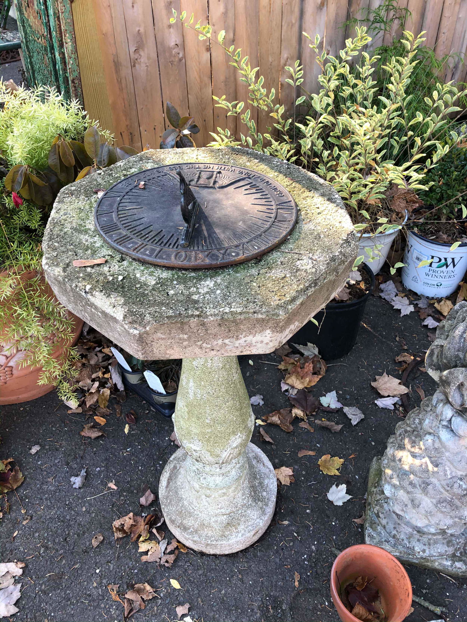 Vintage Cast Stone and Iron Sundial: Vintage Cast Stone and Iron Sundial. Size: 30" x 16" x 16"