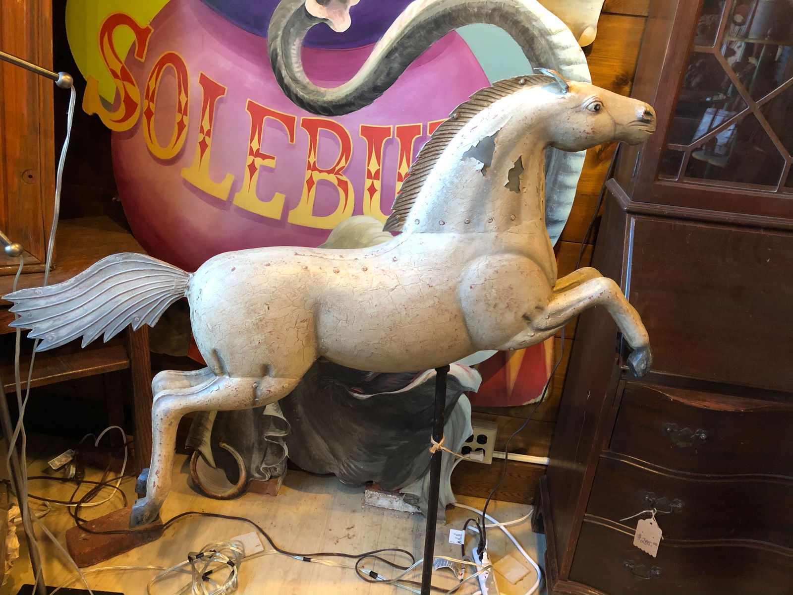 Painted Tin Horse Weathervane: Painted Tin Full Body Horse Weathervane Mounted on Stand. Size