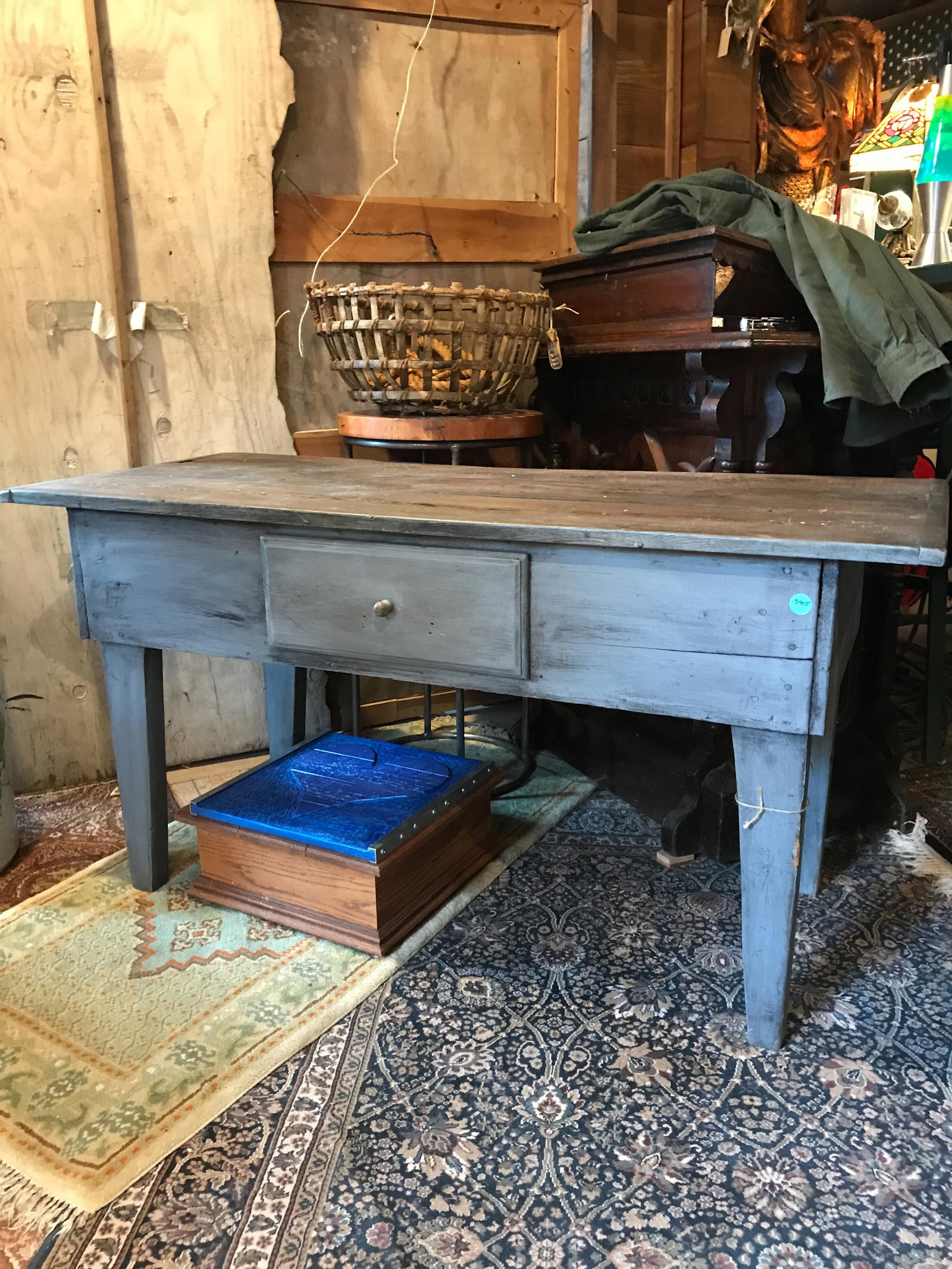 Painted Wooden Work Table with Bread Board Top: Painted Wooden Table with Bread Board Plank Top and Single Drawer with Tapered Legs. Size: 54" x 27 3/4" x 23"