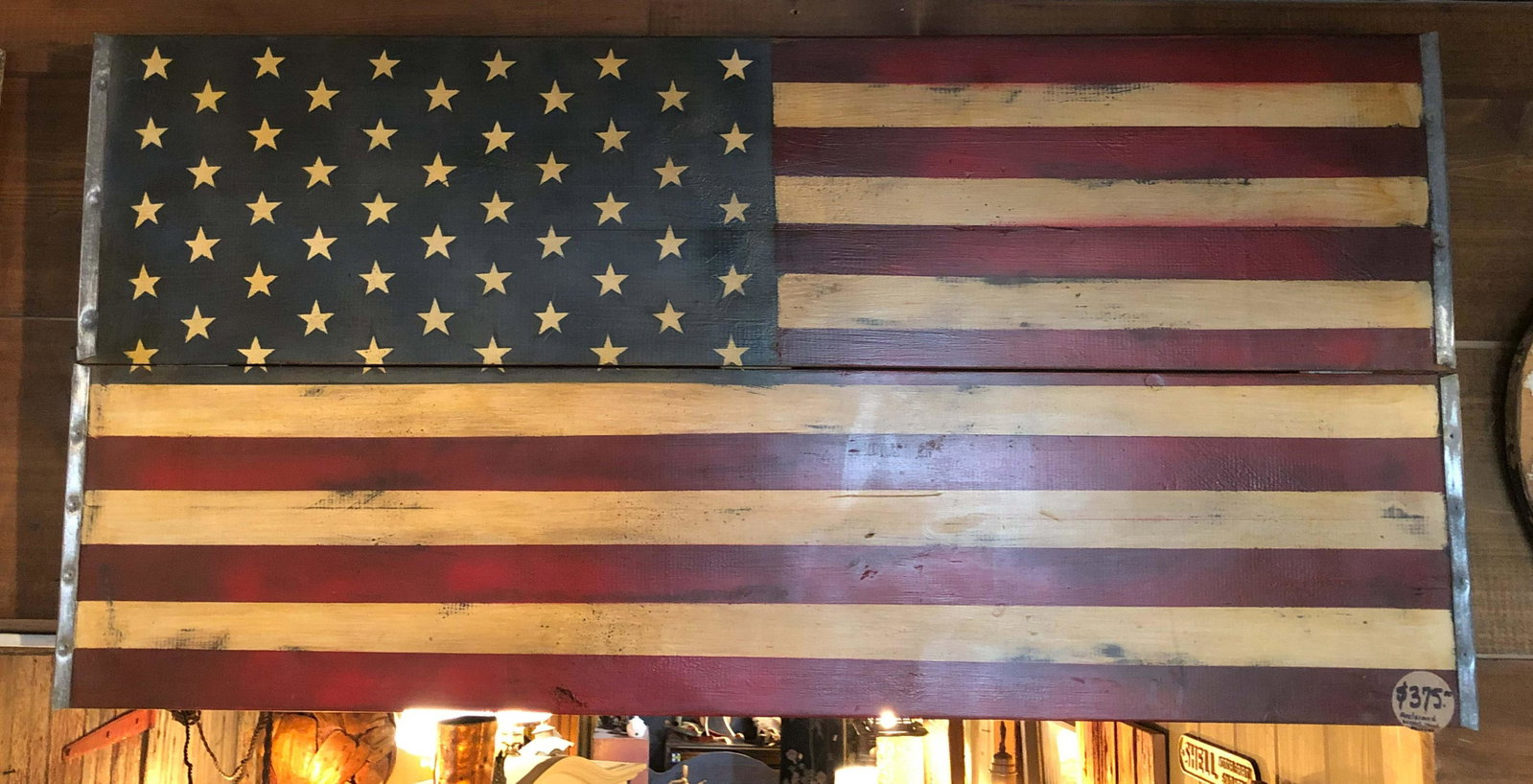Crate Top American Flag: Crate Top American Flag, Batton & board construction with graduated edges. Size: 23.5" H x 42" W.
