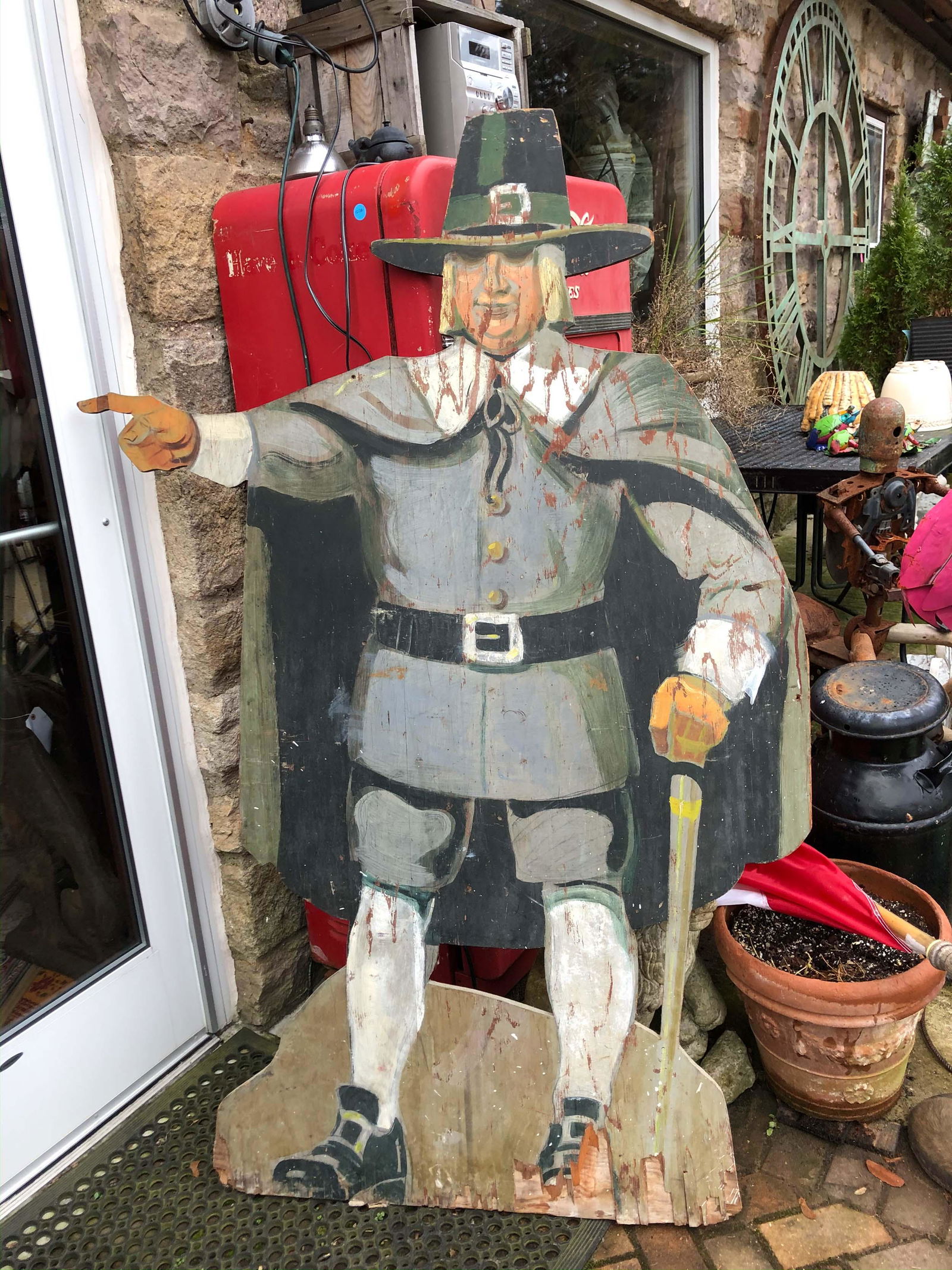 Double Sided Painted Pilgrim Cutout Standee: Double Sided Painted Pilgrim Cutout Standee. Painted plywood. Size" 71" x 48"