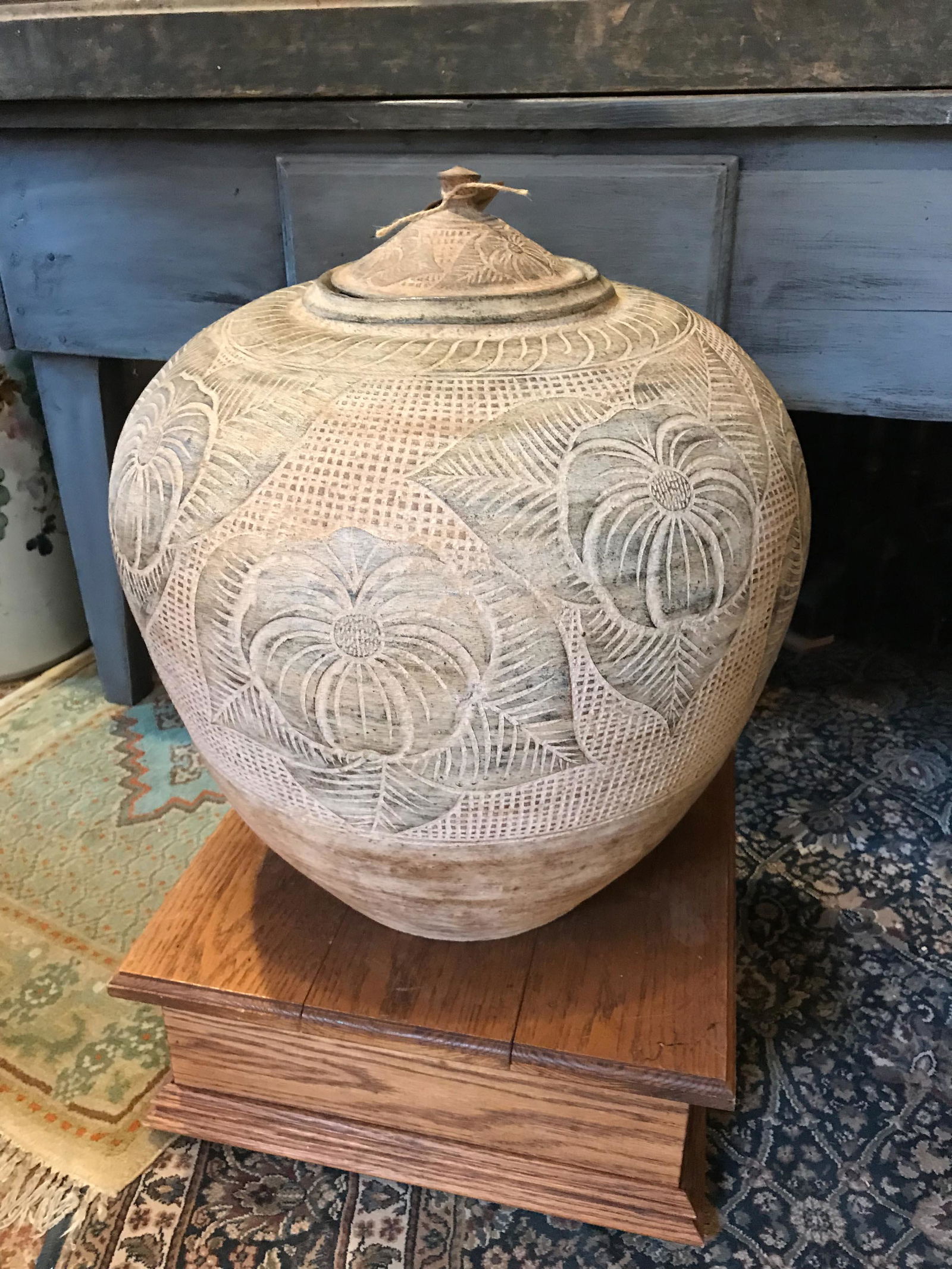 Sgraffito Decorated Lidded Vessel: Sgraffito Decorated Lidded Vessel. Size: 18" x 17" Dia.