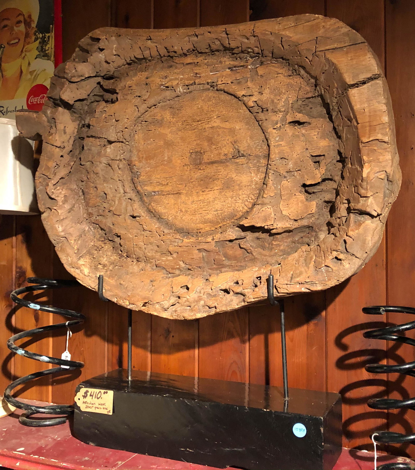 Carved Wood African Tray Form Artifact: Carved Wood African Tray Form, artifact mounted on metal base, good sculptural item. Size 36" x 33"