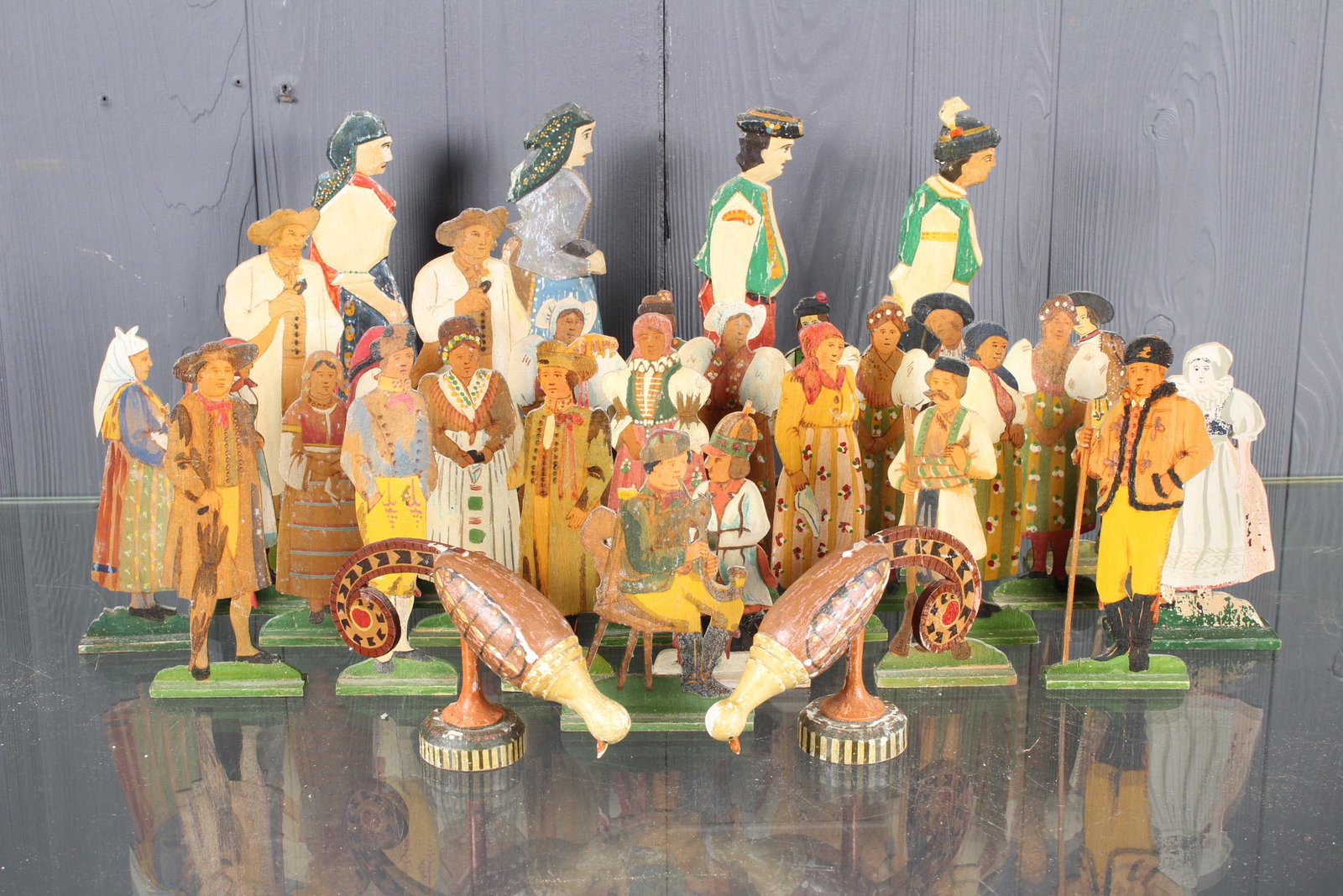 Set of Bohemian Diorama Figures: Set of Bohemian Diorama Figures, painted, marked on bottom Made in Czechoslovakia. Size: Largest: 10" H x 4.5" W x 2" D