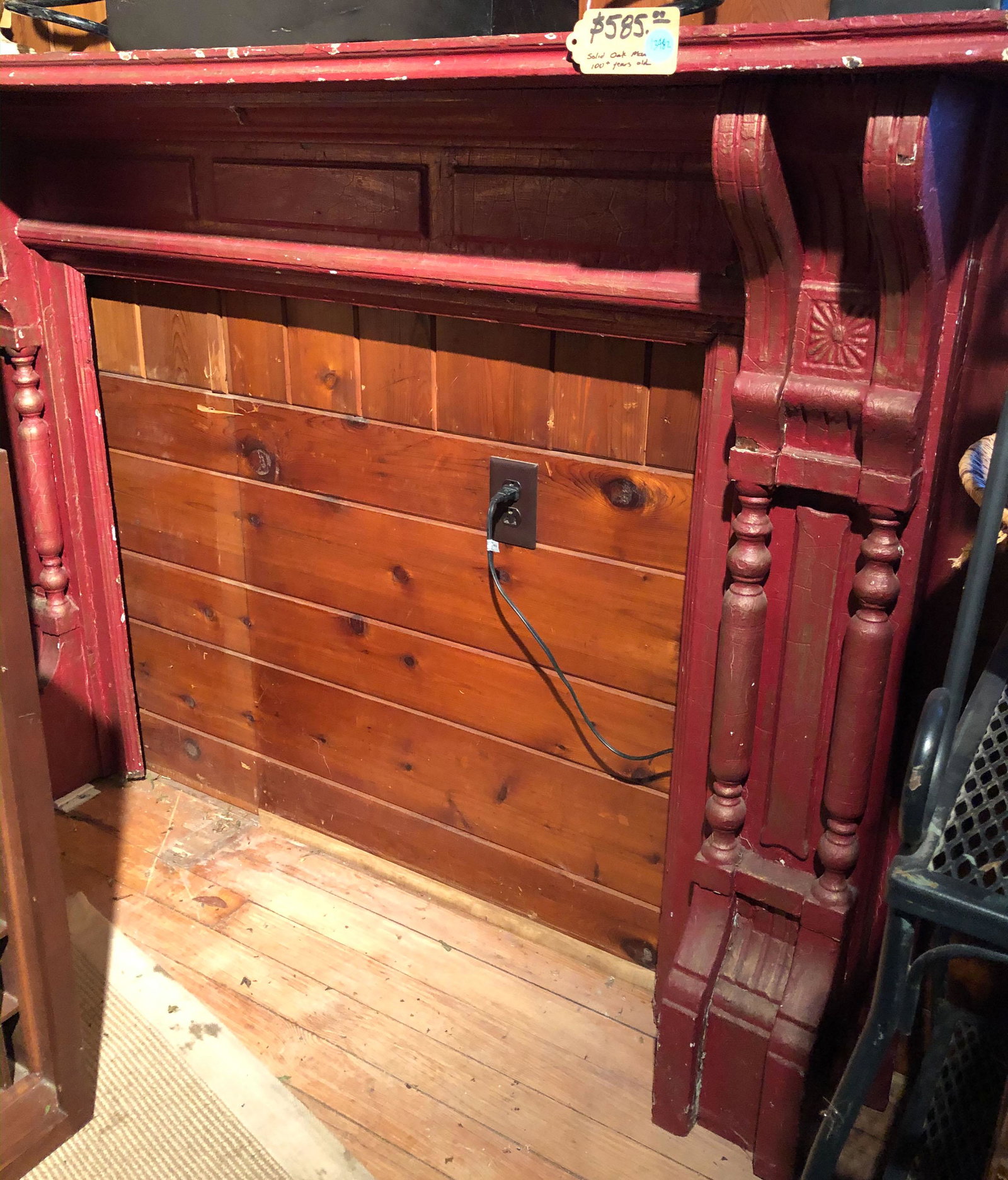 Carved Oak and Painted Mantle: Late 19th to Turn of th Century Carved and Painted Mantle. American. Size: Overall 48" x 68"