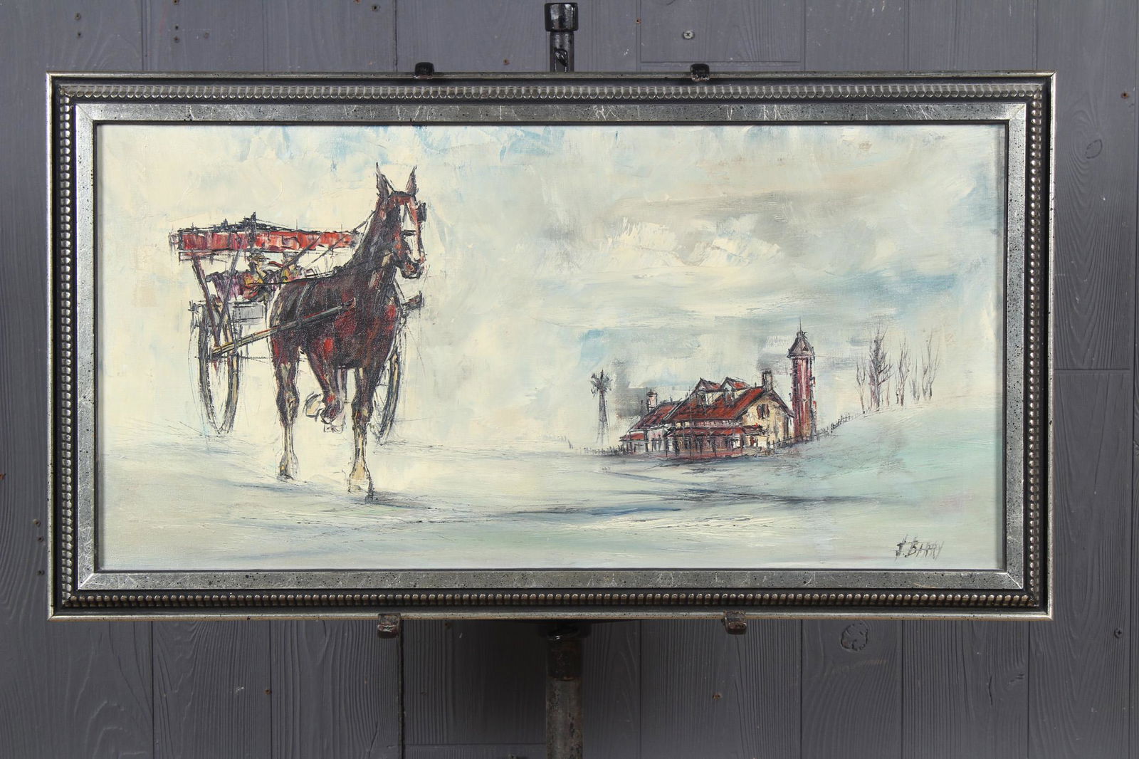 Mid Century Equestrian Painting Signed J Barry: Mid Century Equestrian Painting Signed J Barry. Signed lower right J. Barry, printed on back of frame John A. Barry, marked on frame "Tempken, Black Base, Silver Leaf, Black Glaze. Size: Framed: 18" H