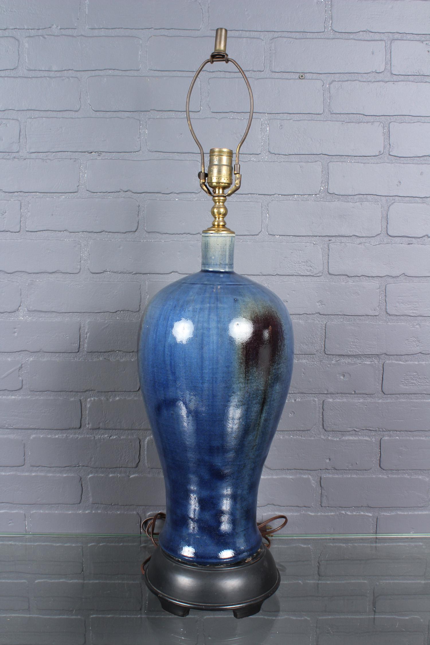 Chinese Blue Flambe Style Glazed Art Pottery Lamp (1 of 4)