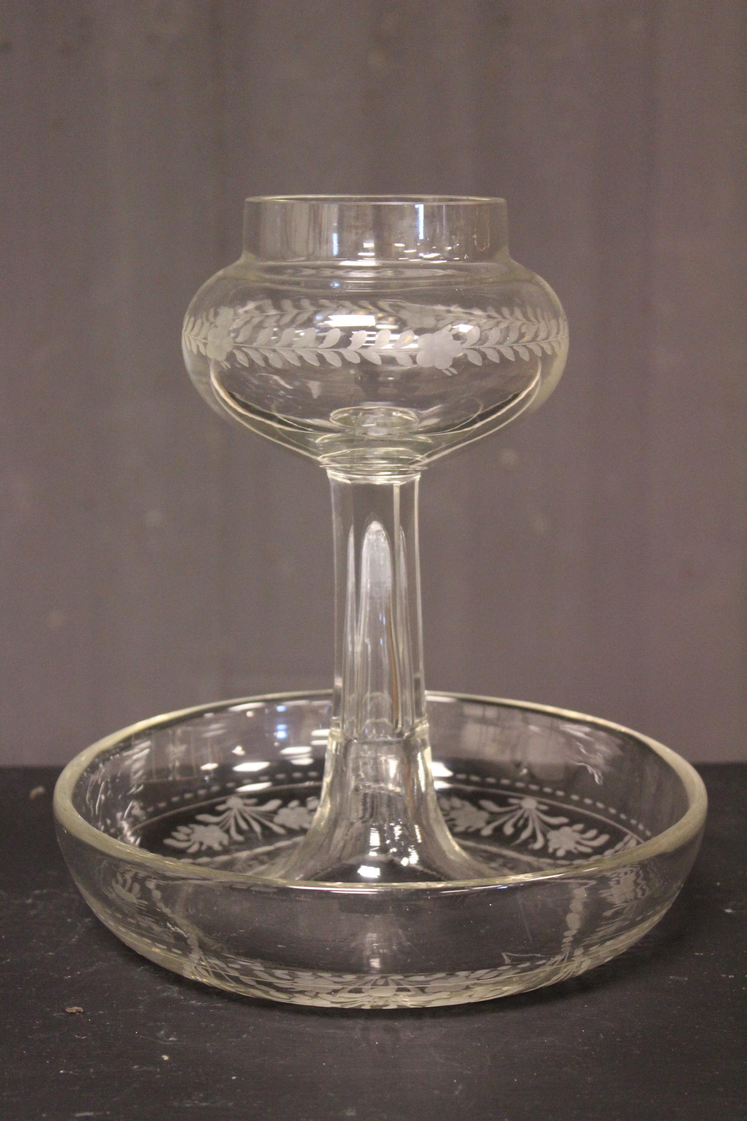 Etched Glass Centerpiece: Etched Glass Centerpiece. Size: 10" H x 8.75" Diameter