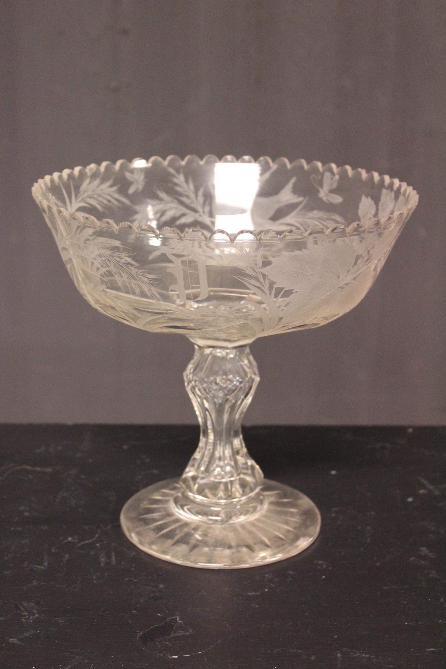 Etched Glass Compote: Etched Glass Compote, bird, insect, foliate design, monogrammed on front. Size: 9.5" H x 10" Diameter.