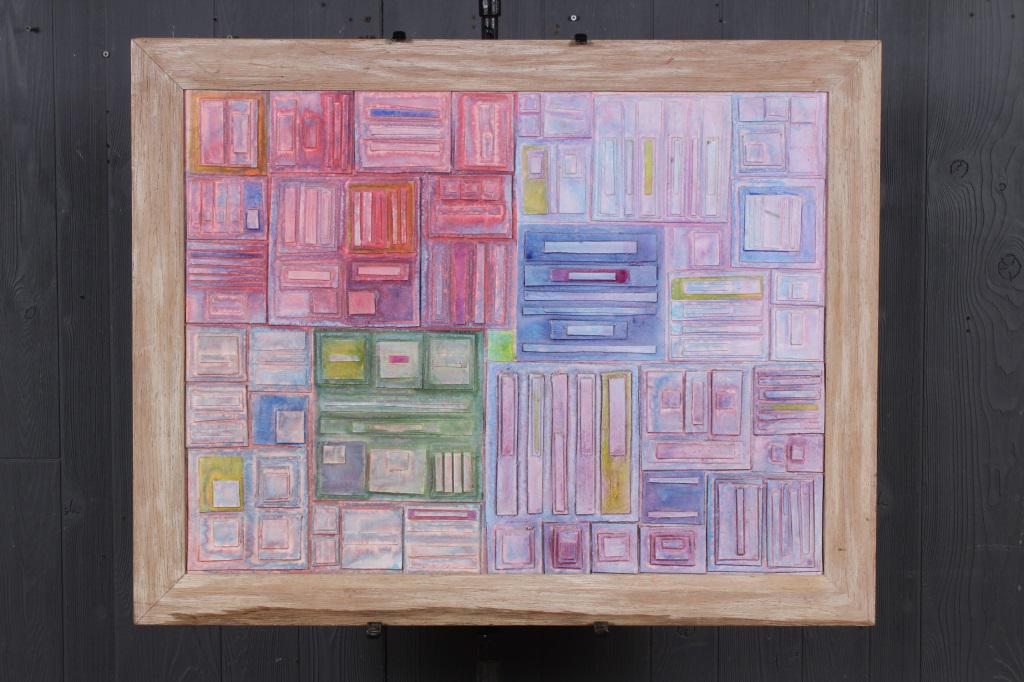 Unknown Artist Mixed Media Collage on Board: Unknown Artist Mixed Media Collage on Board. Size: Framed: 29.5" H x 37.5" W x 1" D; Sight: 24.5" H x 32.5" W