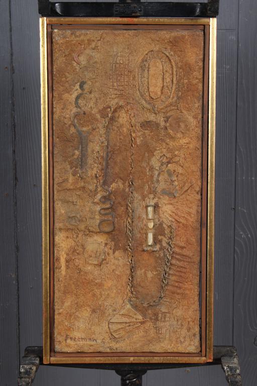 Sara Freeman Mixed Media Painting: Sara Freeman Mixed Media Painting, marked on back of frame Sara Freeman 13-08 Bellair Ave Fair Lawn. Size: Framed: 19.5" H x 9.5" W x 1.5" D; Sight: 18" H x 8" W