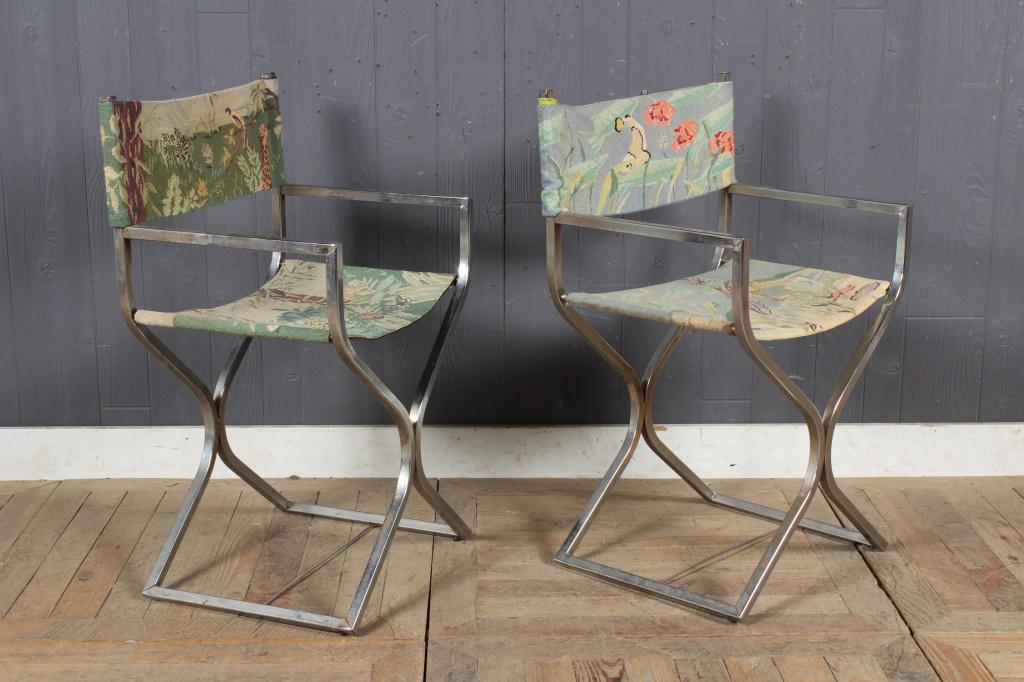Pair Chrome Tapestry Directors Chairs (1 of 9)