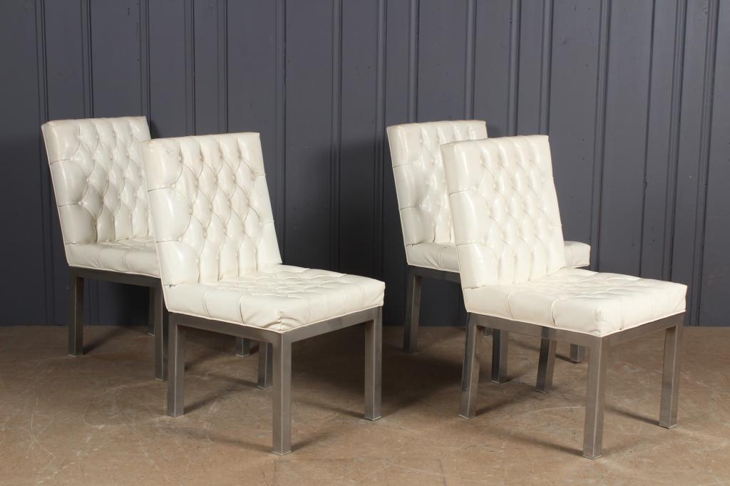 4 Spanish Chrome and Tufted Side Chairs: 4 Spanish Chrome and Tufted Side Chairs. Size: 35" H x 19" W x 25" D