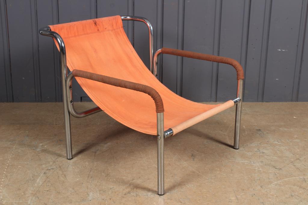Chrome Sling Lounge Chair with Wrapper Leather Arm (1 of 4)