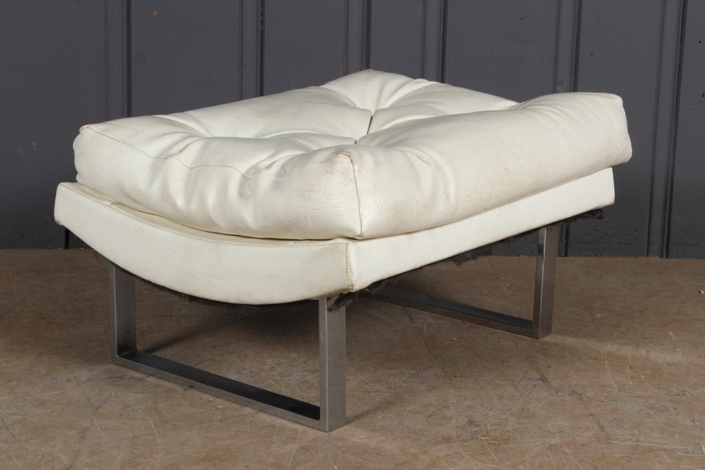 Chrome and White Leather Tufted Ottoman (1 of 3)