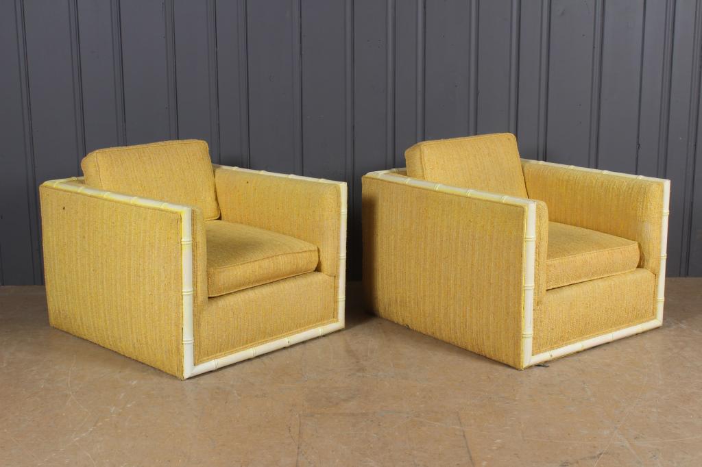 Pair Faux Bamboo Trim Upholstered Club Chairs: Pair Faux Bamboo Trim Upholstered Club Chairs Size: 27.5" H x 31" W x 35" D