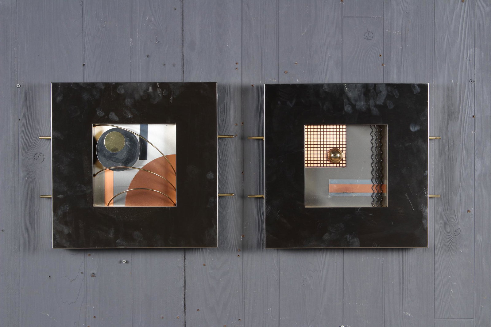 2 Deco Metal Assemblages: 2 Deco Metal Assemblages. Size: Largest: 16" H x 18.5" W x 3.5" D