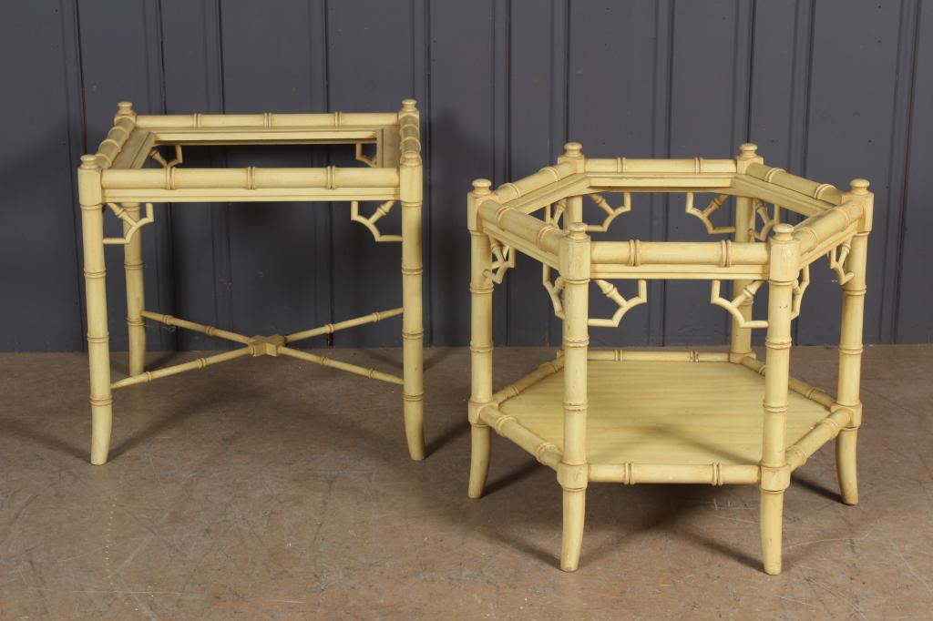 2 Similar Painted Faux Bamboo Table Bases: 2 Similar Painted Faux Bamboo Table Bases Size: Largest: 25" H x 29" W x 25.5" D