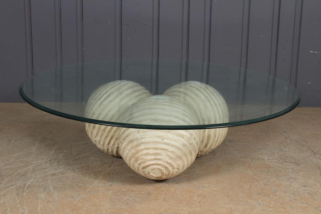 Molded Composite Sphere Cluster Coffee Table: Molded Composite Sphere Cluster Coffee Table. Glass top. Size: 15.5" H x 50" W x 50" D