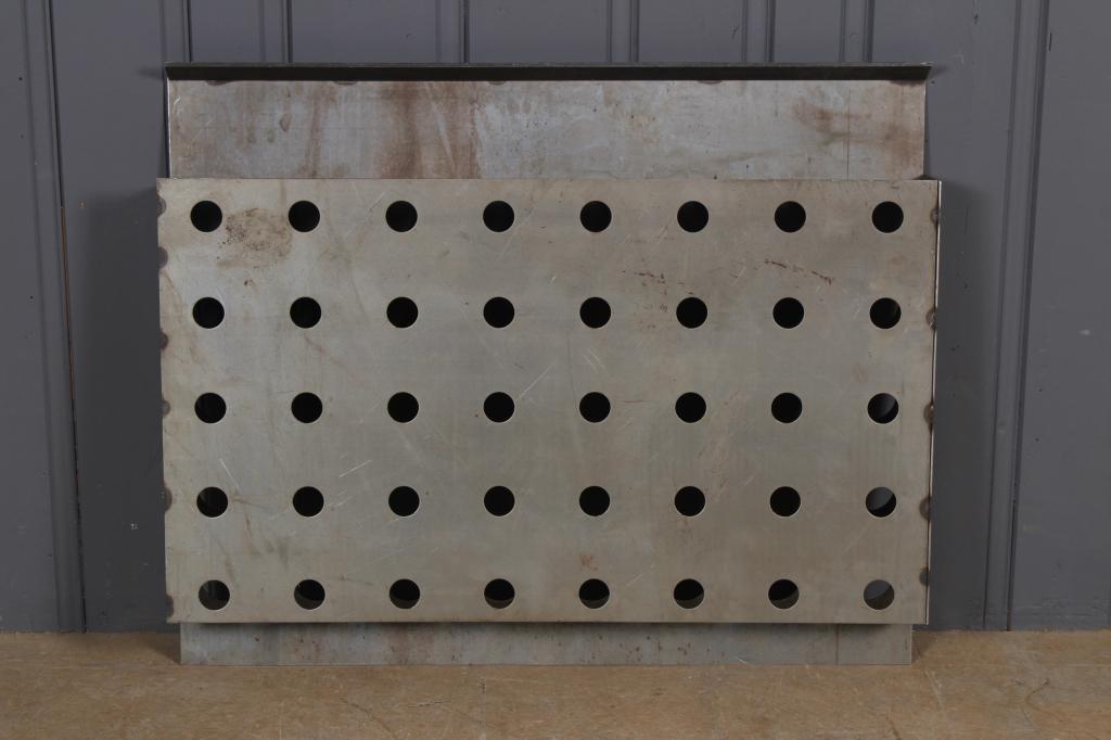 Vintage Industrial Sculptural Wall Panel: Vintage Industrial Sculptural Wall Panel. Fabricated steel fixture reminiscent of Prouve industrial design. Size: 33" x 40" x 4.5"
