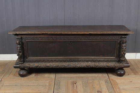 Antique Italian Cassone Marriage Chest: Antique Italian Cassone Marriage Chest. Carved walnut. Size: 27" H x 67" W x 23" D