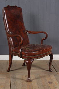 Queen Anne Style Distressed Leather Armchair: Queen Anne Style Distressed Leather Armchair. Size: 43" H x 26" W x 26" D