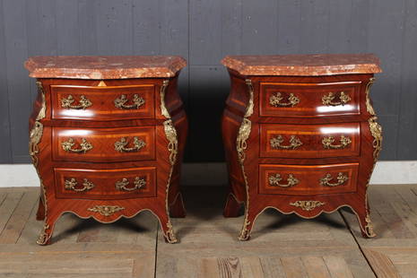 Pair Bronze Mounted Marble Top Bombe Stands: Pair Bronze Mounted Marble Top Bombe Stands. Reproductions. Size: 26.5" H x 25.5" W x 14.5" D