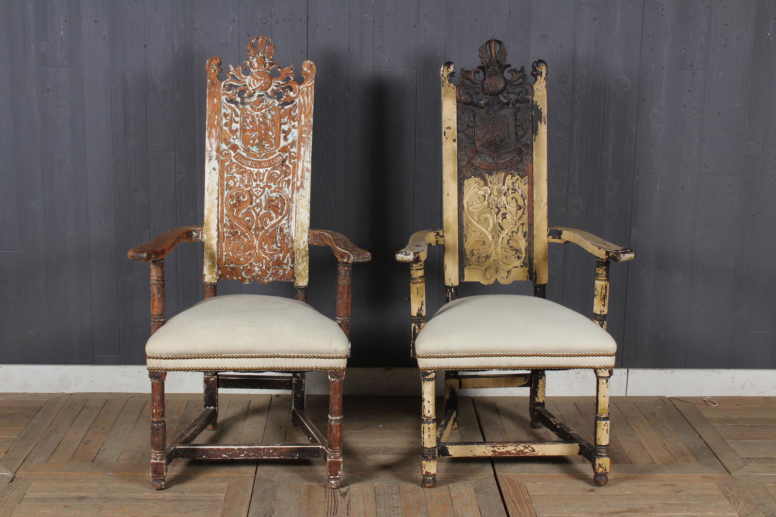 Pair Carved Flemish Heraldic Armchairs (1 of 6)