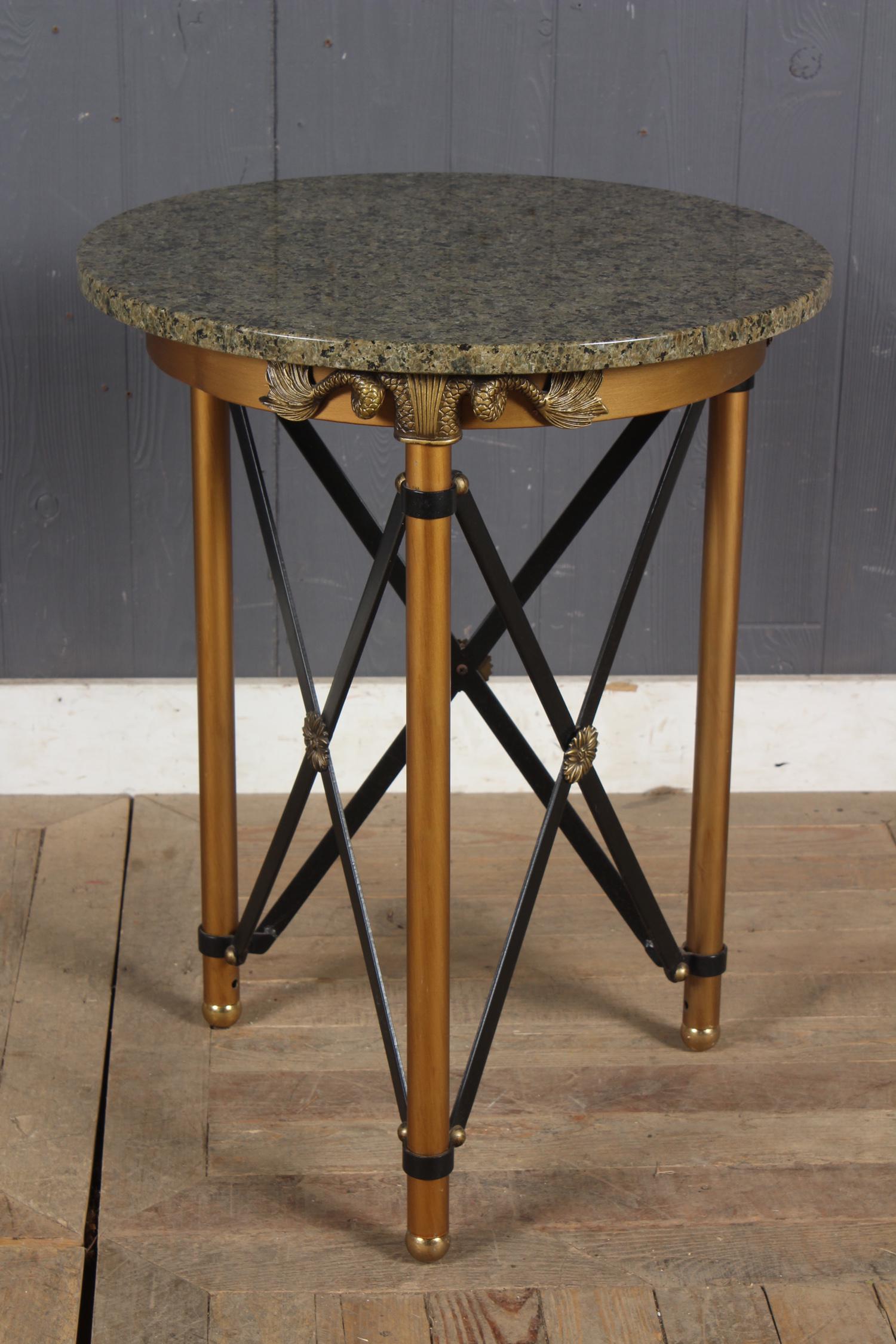 Empire Style Metal Gueridon: Empire Style Metal Gueridon with stone top and dolphin tail mounts. Possibly Maitland Smith. Size: 25 1/2" x 20" dia.