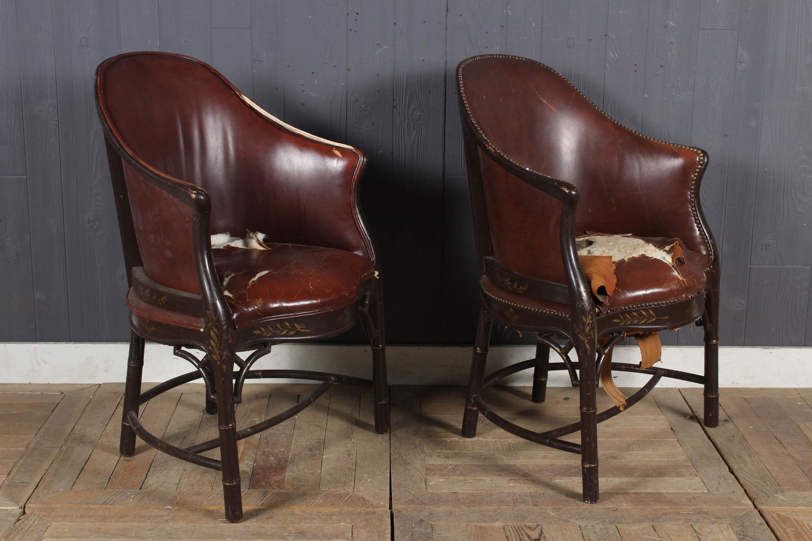 Pair Distressed Chinoiserie Decorated Chairs: Pair Distressed Chinoiserie Decorated Chairs. Size: 35.5" H x 25" W x 23" D