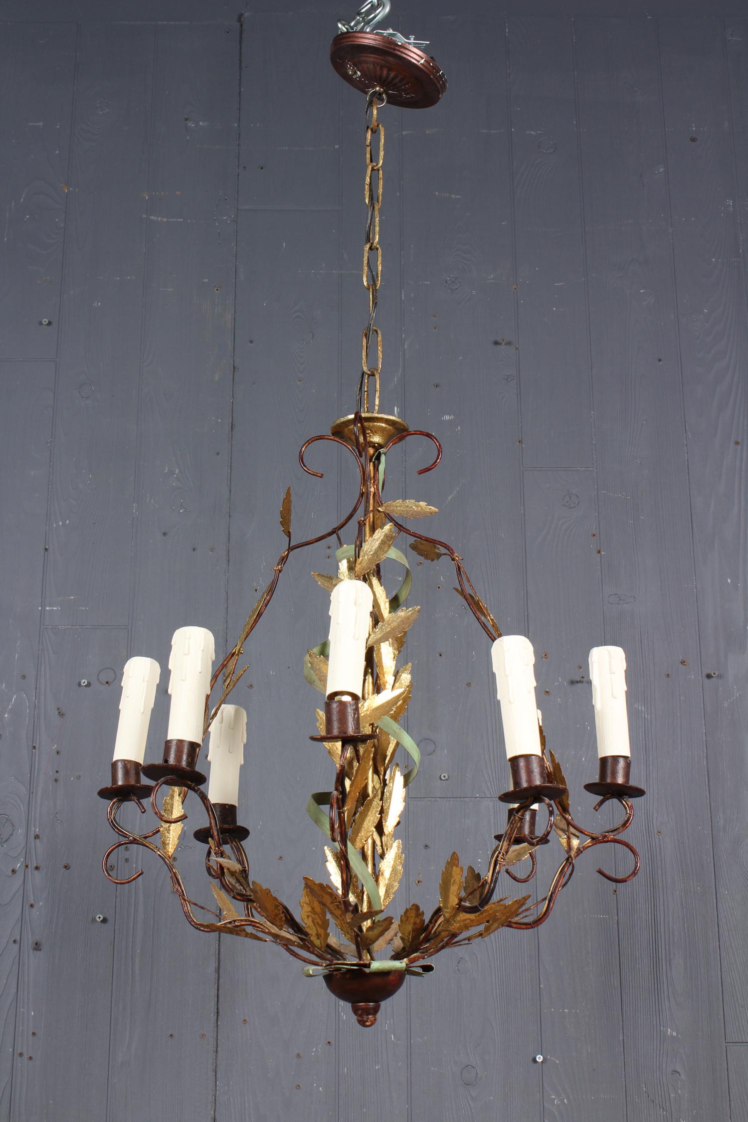 Gilt Wrought Iron and Tole Chandelier: Gilt Wrought Iron and Tole Chandelier. Size: 38" H x 20.5" W x 20.5" D