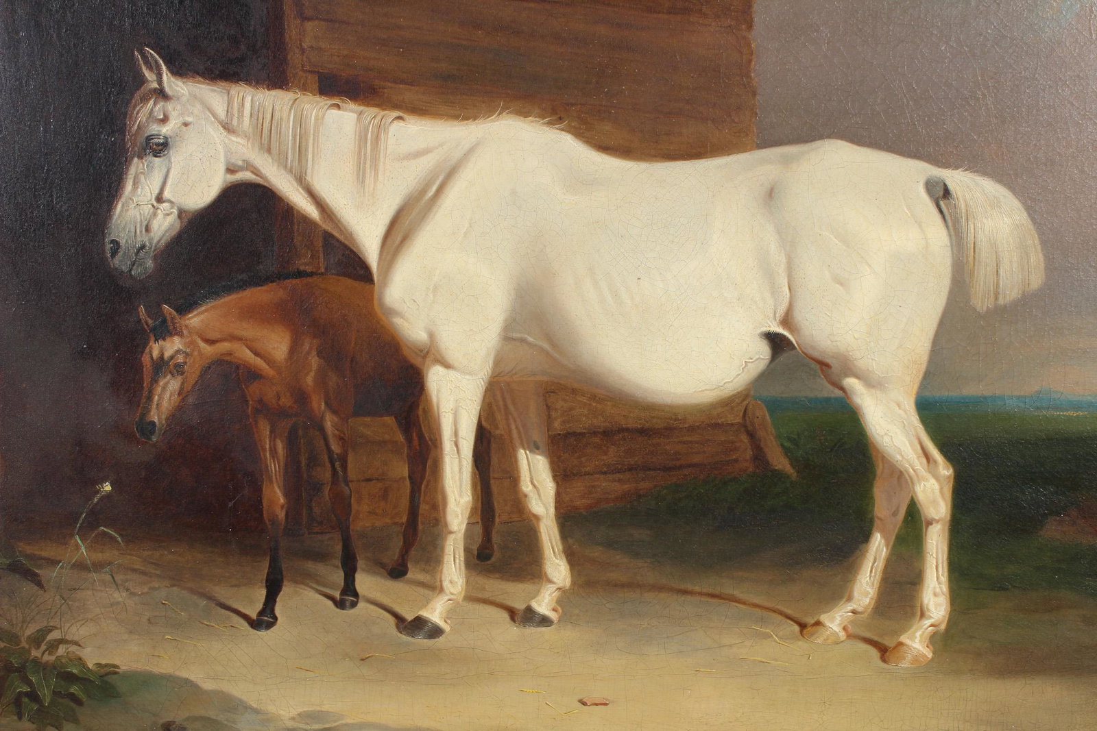 Antique English School Mare and Foal Painting: Antique English School Mare and Foal Painting. Perhaps the depiction of a Lipizzaner and foal. Bearing paper labels on the obverse of the frame. See photo of the label. Size: Framed: 37" H x 44" W x 4