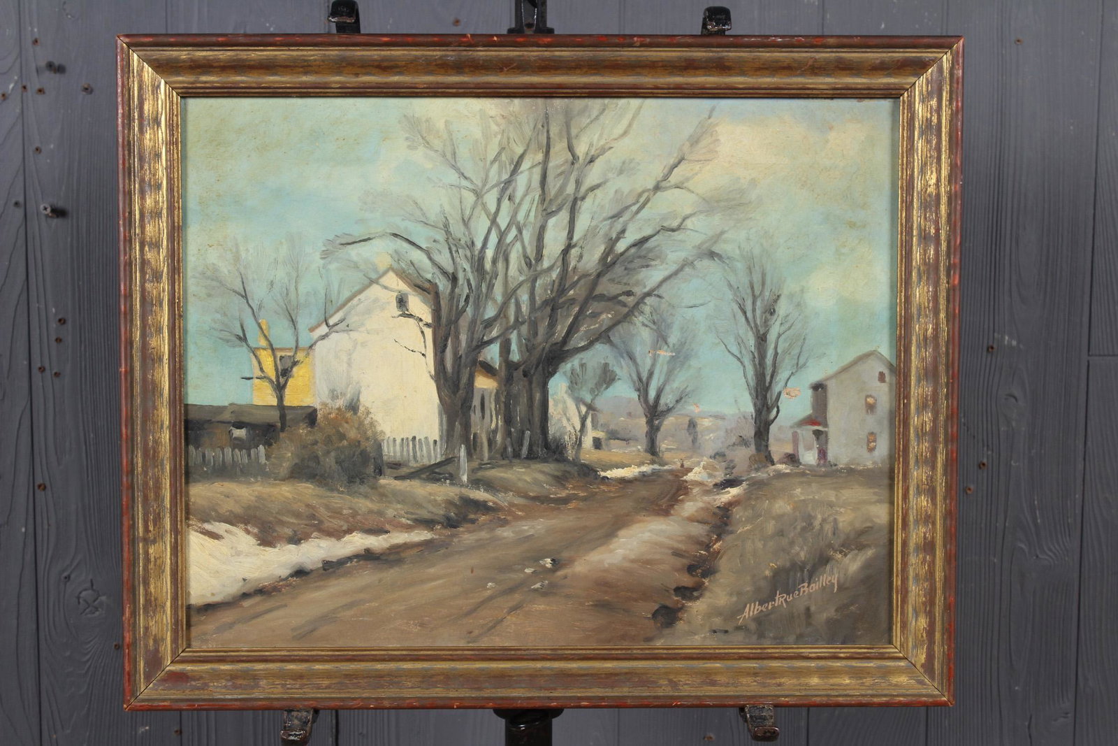 Country Lane Painting Signed Bailley: Country Lane Painting Signed Bailley, OOC, signed lower right Albert Rue Bailley, signed on back of frame Albert Rue Bailley, 223 E. 5th St, Lansdale, PA (Road to New Briten). Size: Framed: 16.5" H x 